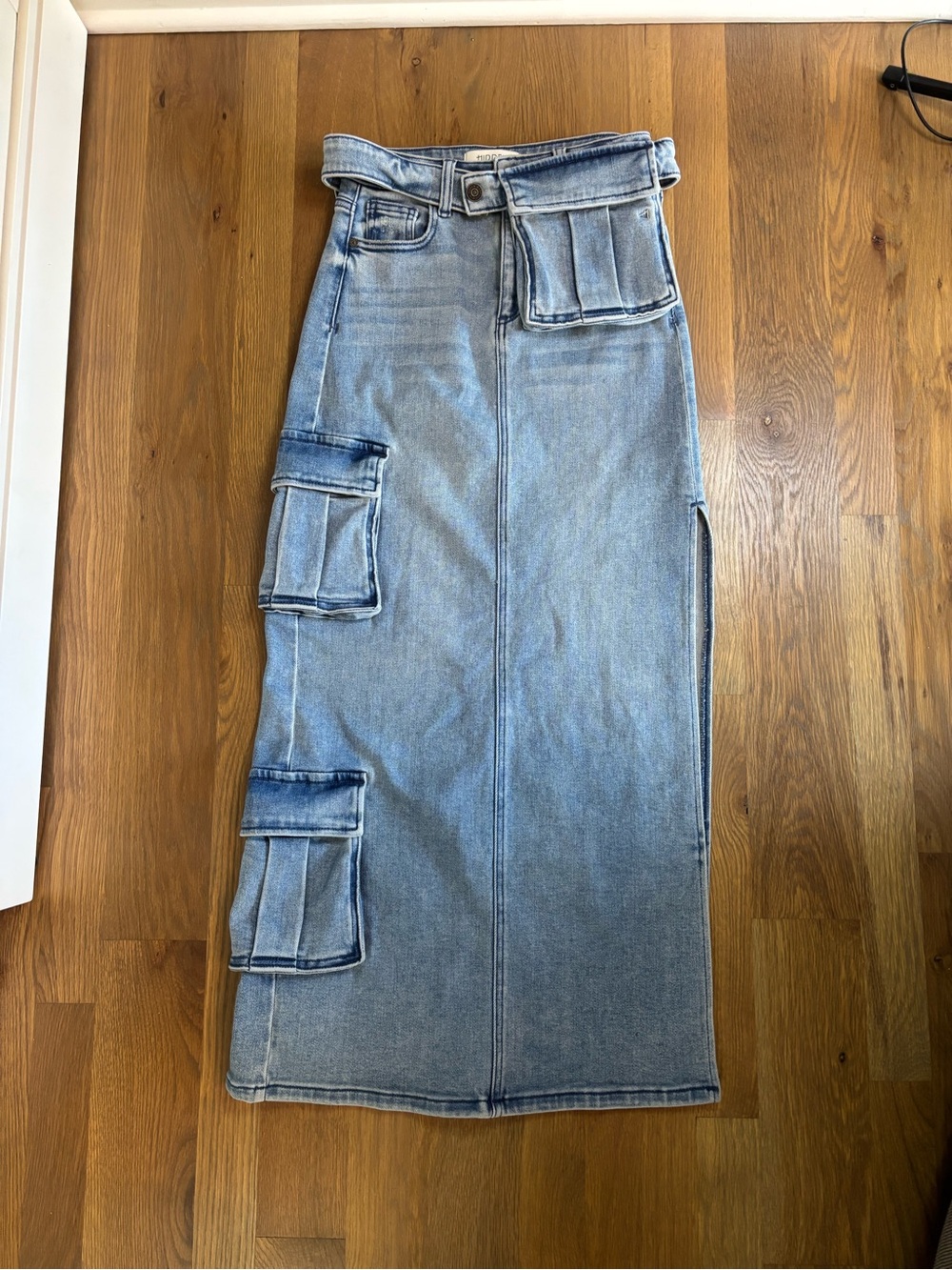 Hidden “Peyton” Light Wash Cargo Pocket Denim Maxi Skirt